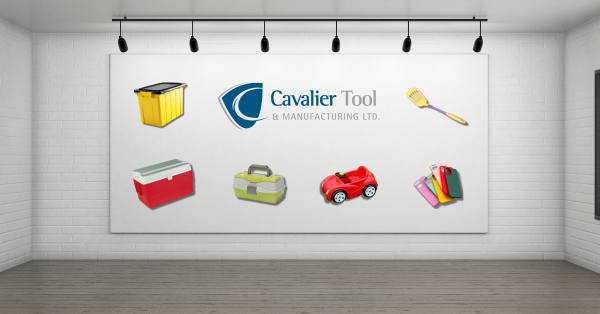 A graphic of a whiteboard with various consumer goods products on it. A Cavalier Tool logo is present in the center. There is a storage bin, a plastic spatula, a cooler, a tackle box, a toy car, and a smartphone case.