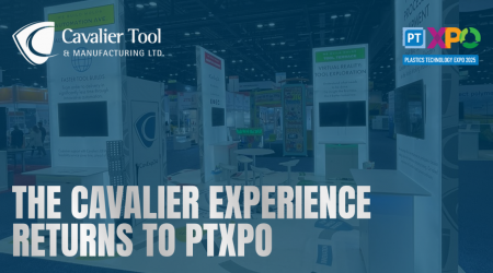 A picture of Cavalier Tool's booth at PTXPO. Text on the image says "The Cavalier Experience Returns to PTXPO"