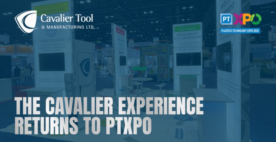 A picture of Cavalier Tool's booth at PTXPO. Text on the image says "The Cavalier Experience Returns to PTXPO"